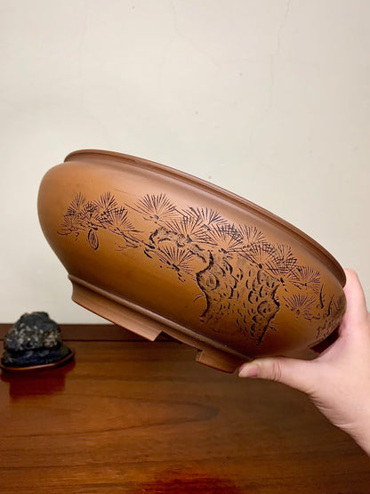 Classic Incised Perfectly Round Japanese Bonsai Pot by Hirata Migen