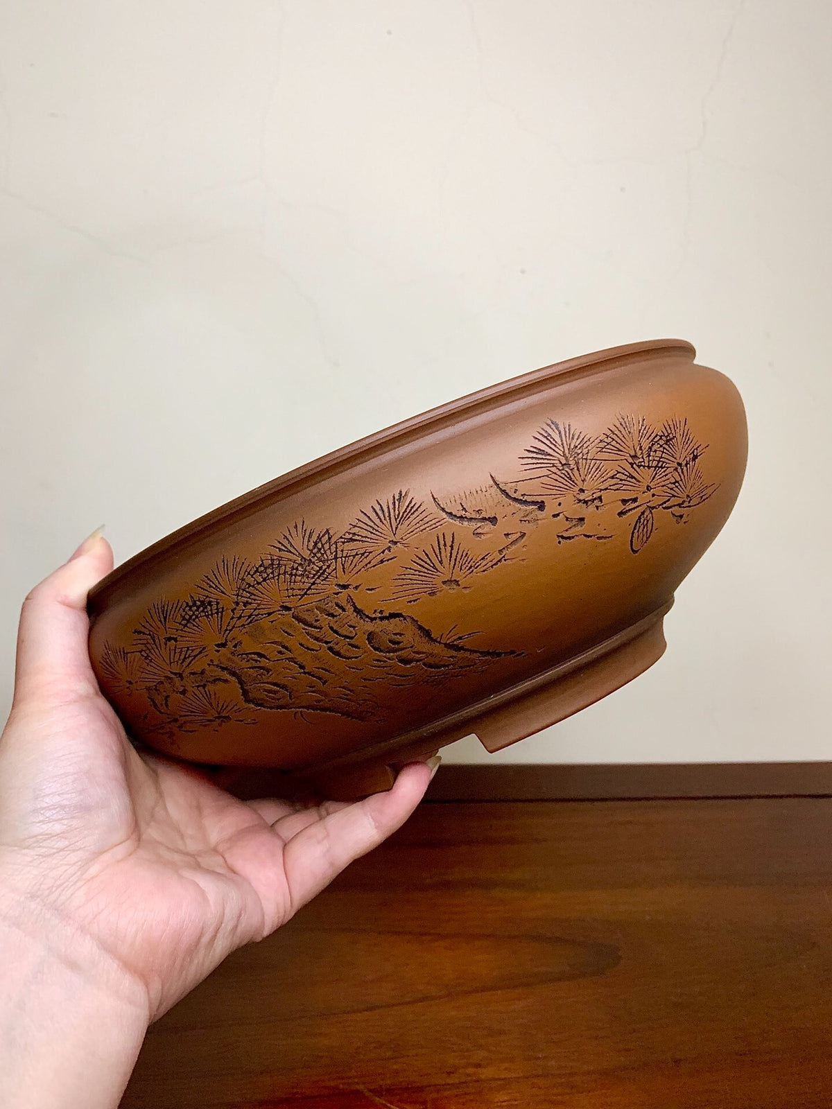 Classic Incised Perfectly Round Japanese Bonsai Pot by Hirata Migen