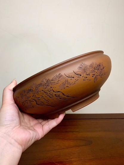 Classic Incised Perfectly Round Japanese Bonsai Pot by Hirata Migen