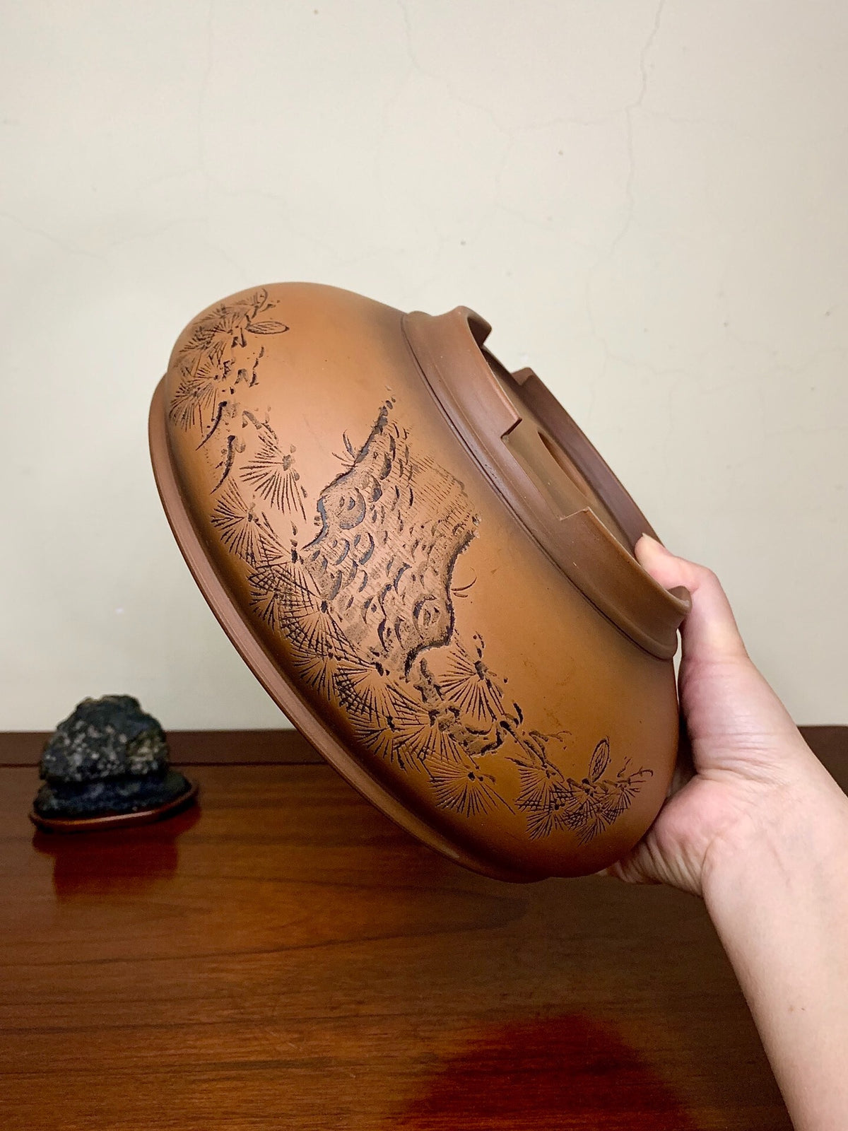 Classic Incised Perfectly Round Japanese Bonsai Pot by Hirata Migen
