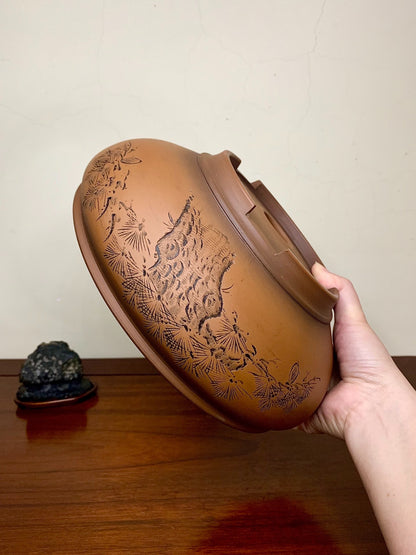 Classic Incised Perfectly Round Japanese Bonsai Pot by Hirata Migen