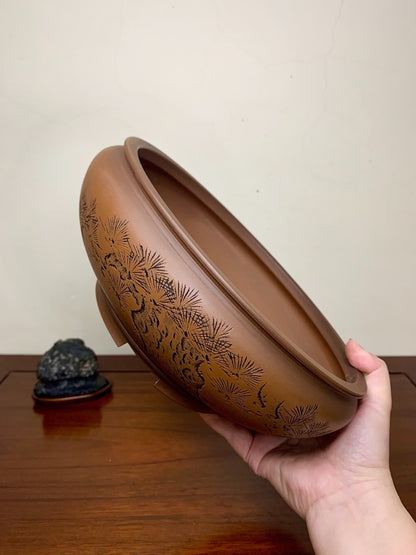 Classic Incised Perfectly Round Japanese Bonsai Pot by Hirata Migen