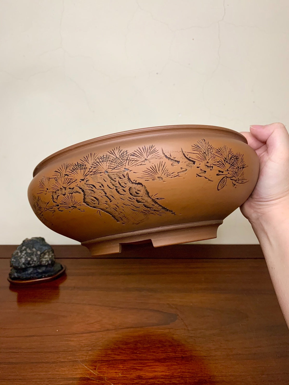 Classic Incised Perfectly Round Japanese Bonsai Pot by Hirata Migen