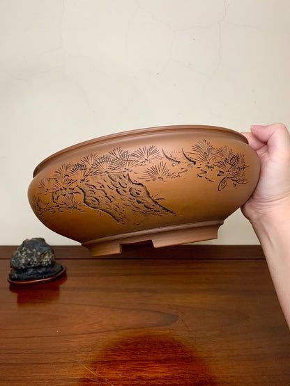 Classic Incised Perfectly Round Japanese Bonsai Pot by Hirata Migen
