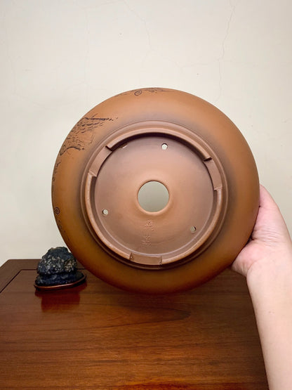 Classic Incised Perfectly Round Japanese Bonsai Pot by Hirata Migen