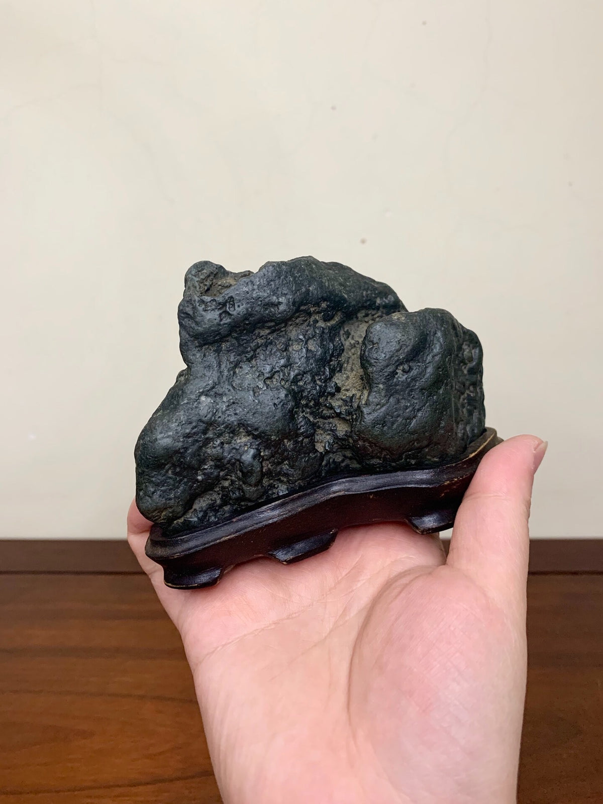 A hand holds a dark, rough-textured rock on a small wooden stand.