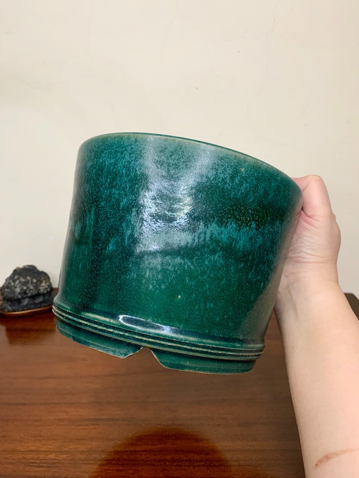 Green Glaze Kiln-Transmuted Cylindrical Pot Japanese Flower Pot by Shuufu