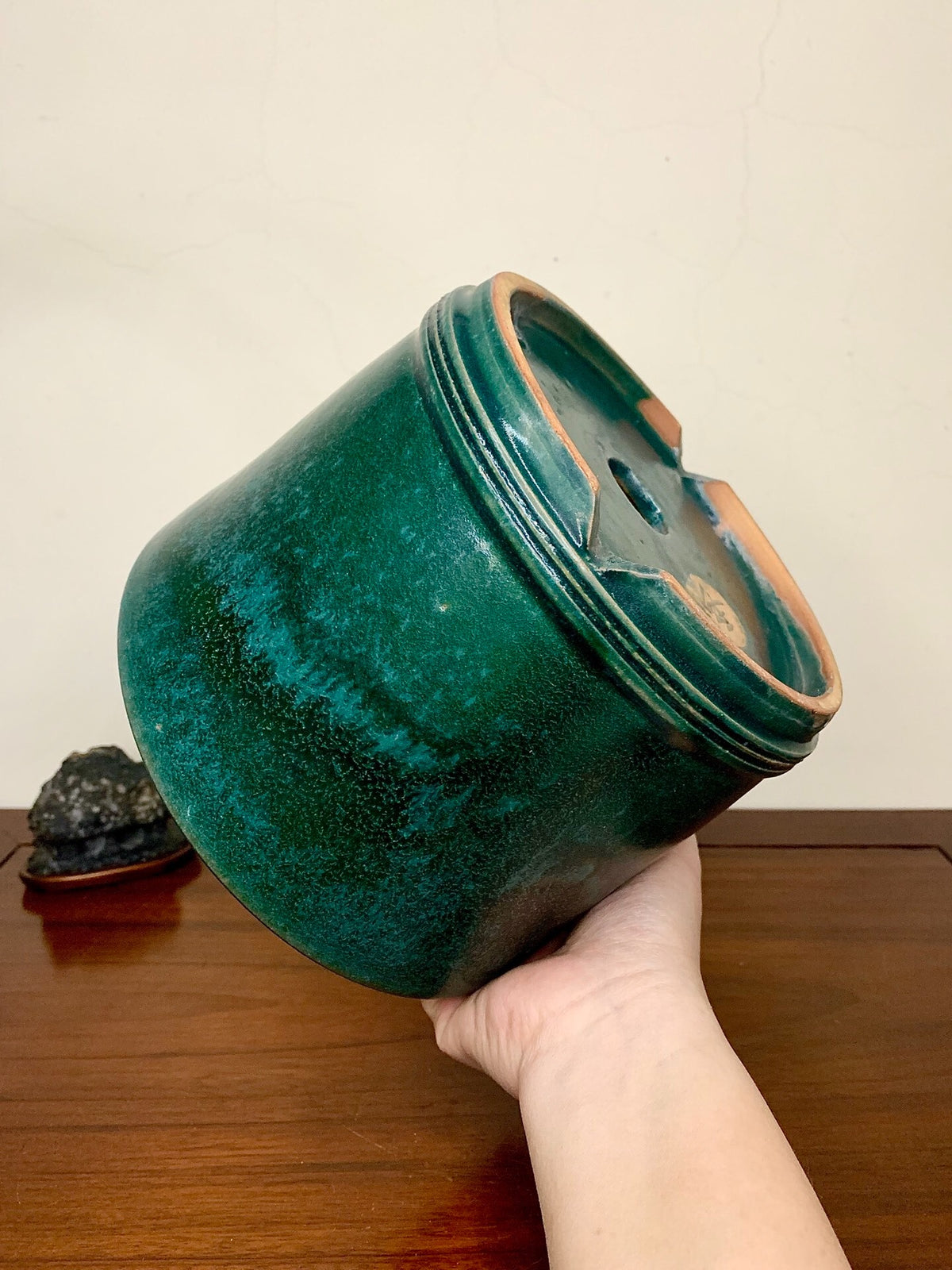 Green Glaze Kiln-Transmuted Cylindrical Pot Japanese Flower Pot by Shuufu