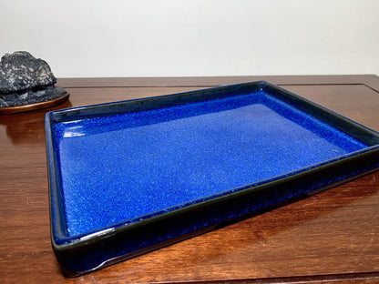 Ruri Glaze Kiln-Transmuted Rectangular Water Tray with Water Base