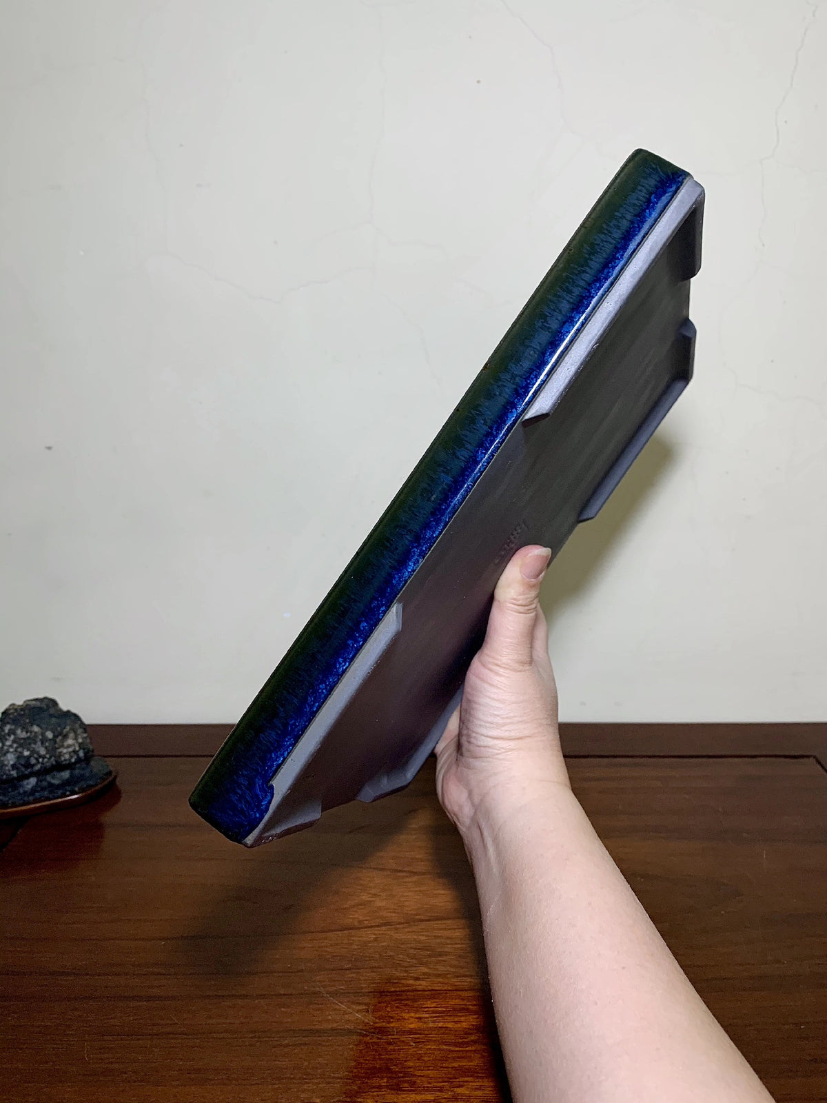 Ruri Glaze Kiln-Transmuted Rectangular Water Tray with Water Base