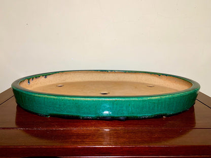 A glossy green glazed oval bonsai pot with a light brown unglazed interior and three drainage holes.