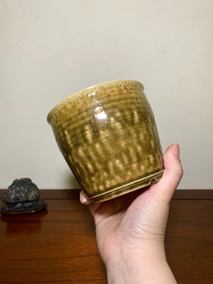 A hand holds a glossy olive-green glazed ceramic pot with subtle brown mottling and small speckles.