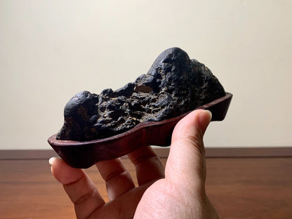 A hand holds a dark, rough-textured rock in a smooth, dark brown wooden dish.