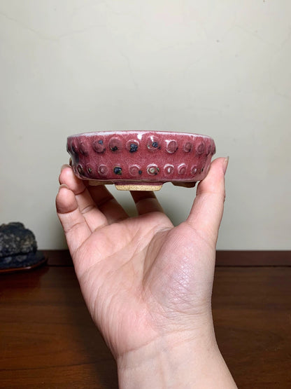 A hand holds a small, deep red glazed pot with raised circular bumps and dark speckles.