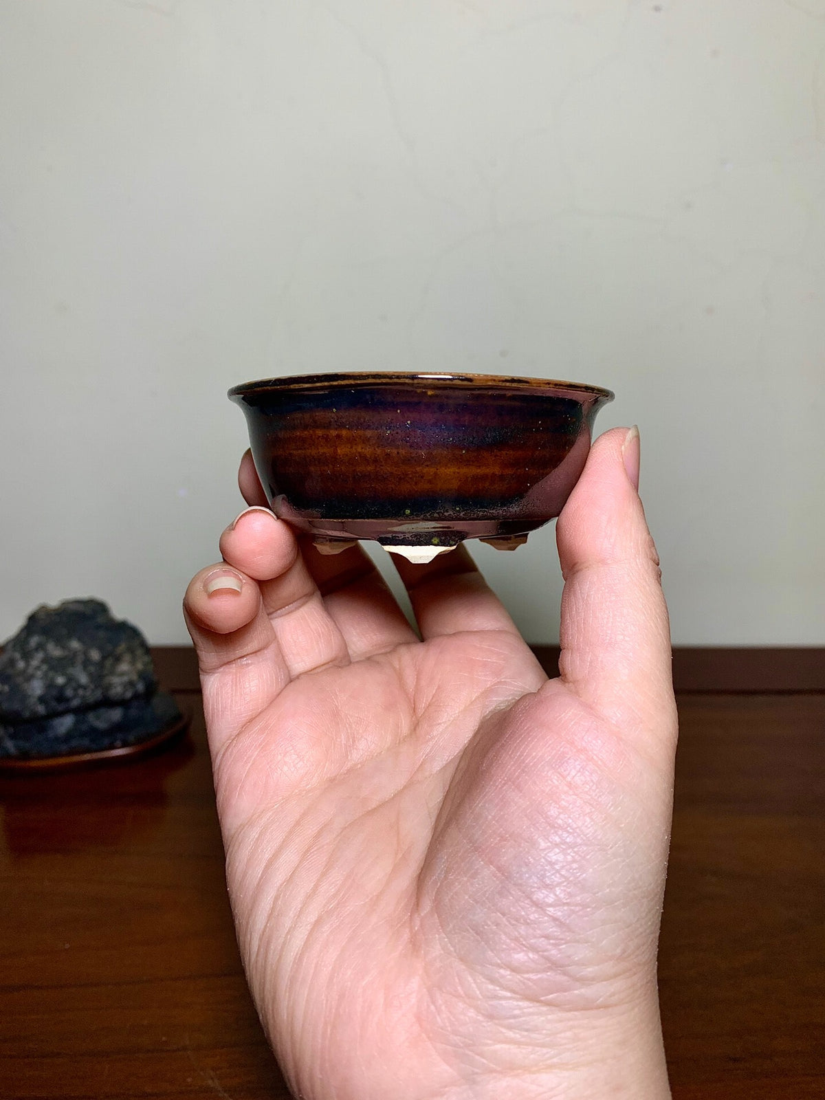 Shinshu Takeda, Tenmoku Glaze, Outer Rim, Kiln-Transmuted, Three Feet, Japanese Pot
