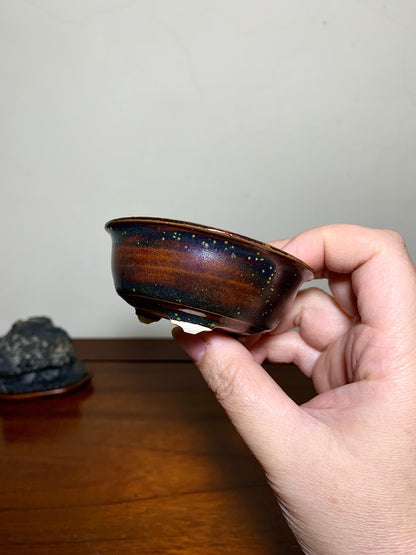 Shinshu Takeda, Tenmoku Glaze, Outer Rim, Kiln-Transmuted, Three Feet, Japanese Pot