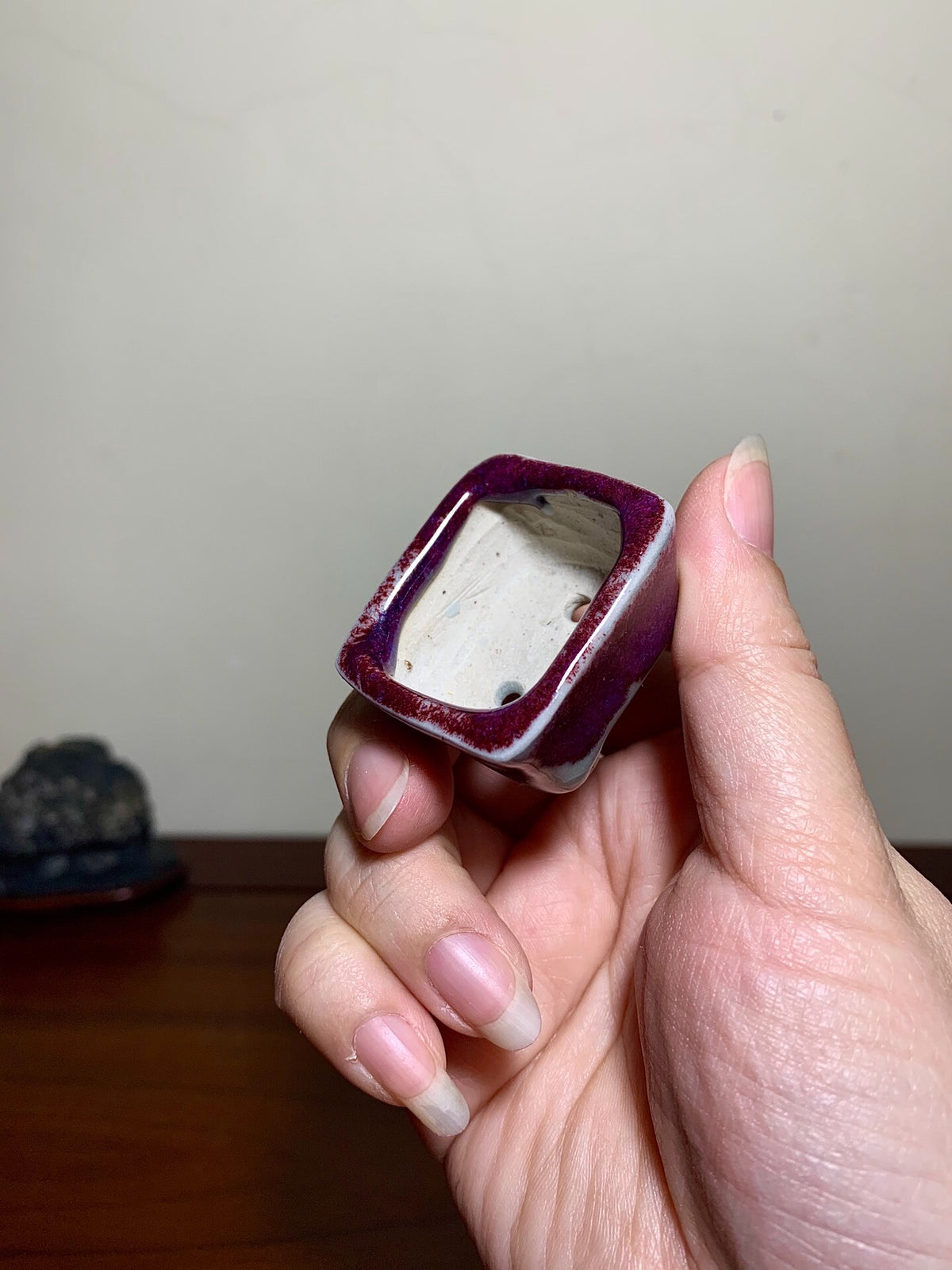 Kiln-Transmuted Cut-Foot Small Rectangular Japanese Pot by Suzuki Akinao