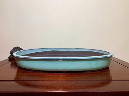Blue Glaze Outer Rim Oval Maple Tree Pot by Terahata Masayama