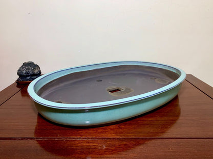 Blue Glaze Outer Rim Oval Maple Tree Pot by Terahata Masayama