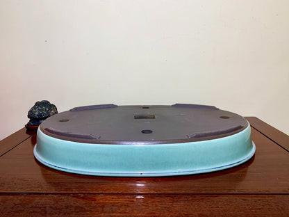Blue Glaze Outer Rim Oval Maple Tree Pot by Terahata Masayama