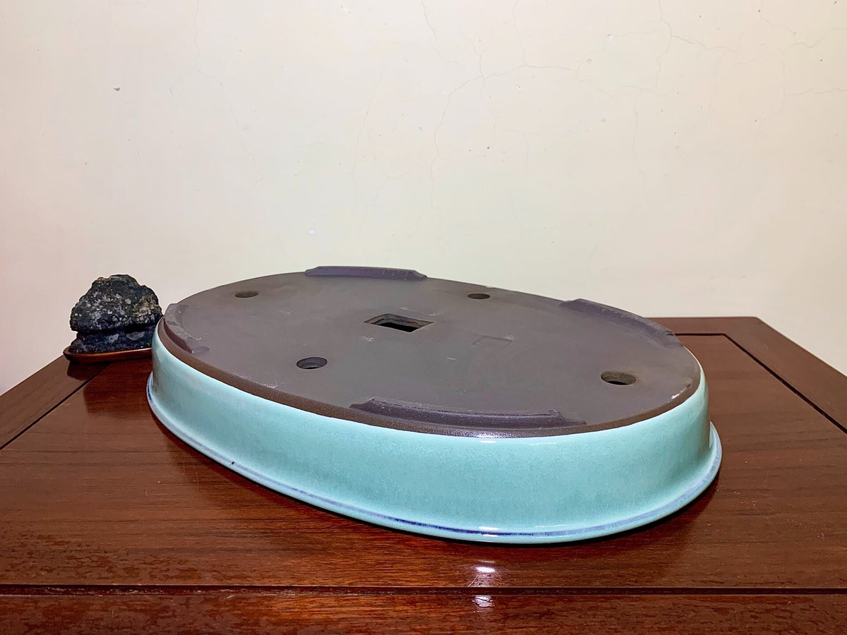 Blue Glaze Outer Rim Oval Maple Tree Pot by Terahata Masayama