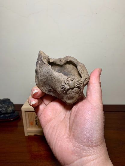 Shudei Red Clay, Hand-Pinched, Relief-Carved Crab, Japanese Bonsai Pot by Rin Tōsaku