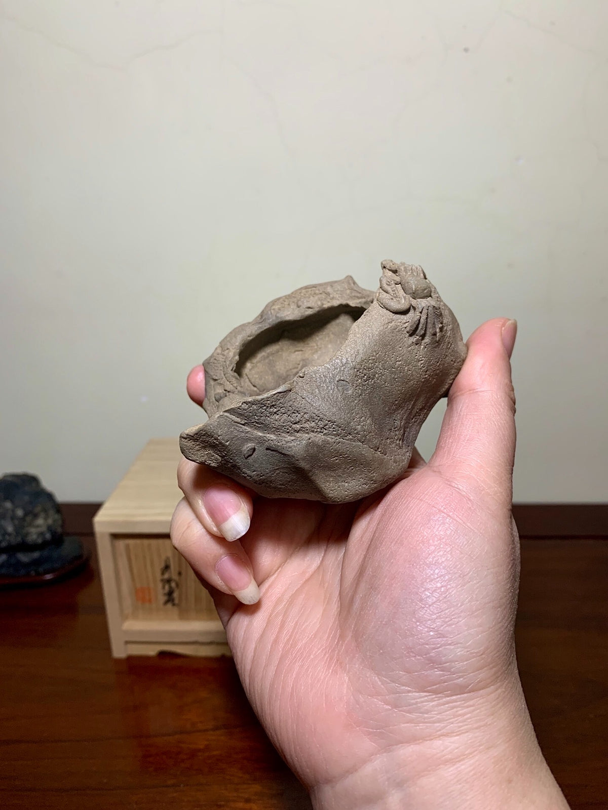 Shudei Red Clay, Hand-Pinched, Relief-Carved Crab, Japanese Bonsai Pot by Rin Tōsaku