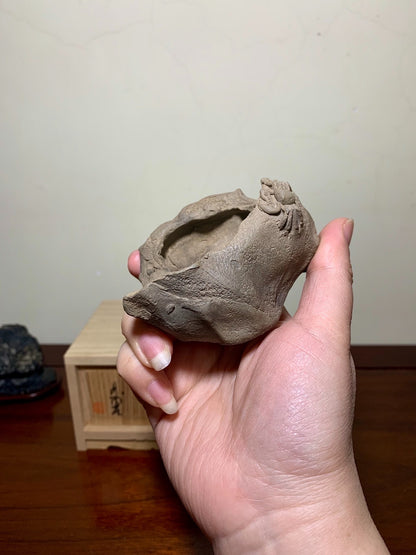 Shudei Red Clay, Hand-Pinched, Relief-Carved Crab, Japanese Bonsai Pot by Rin Tōsaku