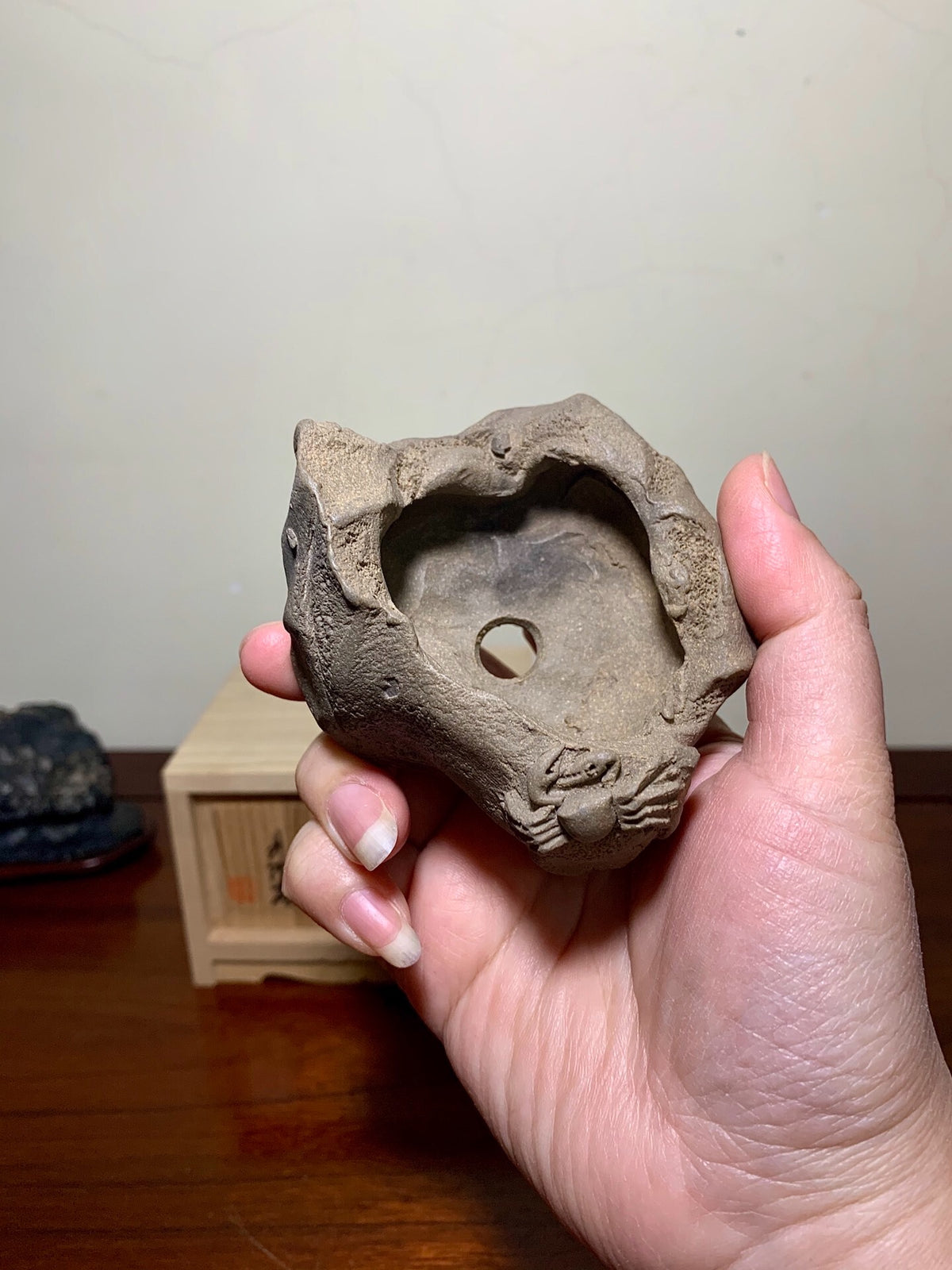 Shudei Red Clay, Hand-Pinched, Relief-Carved Crab, Japanese Bonsai Pot by Rin Tōsaku