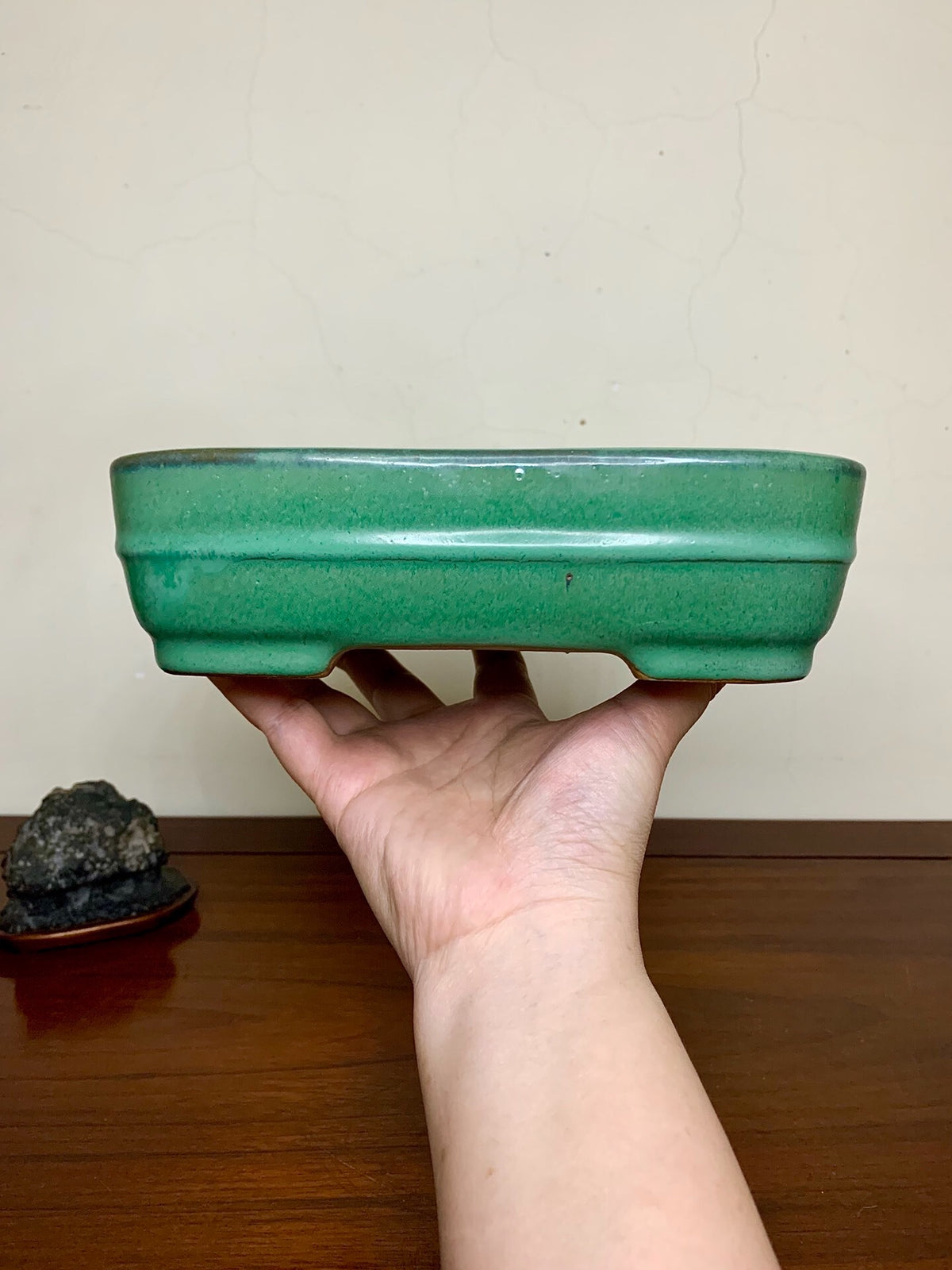 A hand holds a glossy, green glazed rectangular bonsai pot with a slightly raised rim.