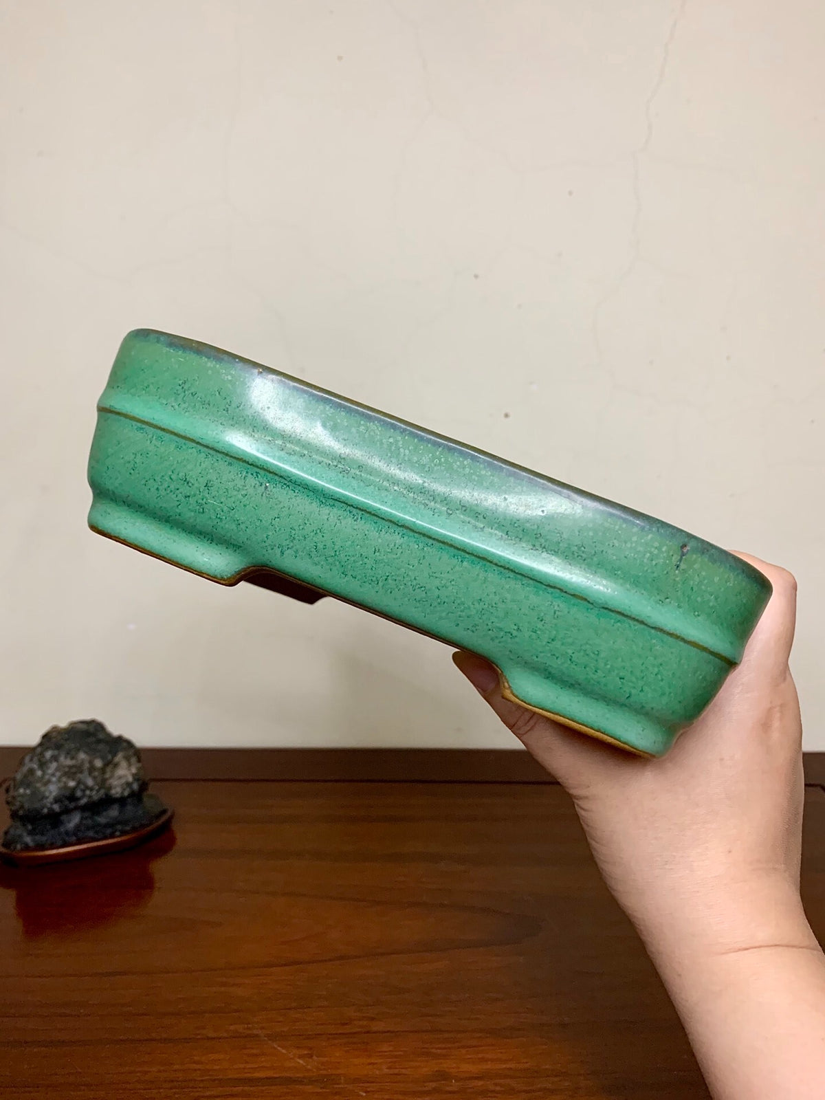 Cloth-Textured Glaze, Middle Band, Rectangular, Japanese Flower Pot by Yamafusa