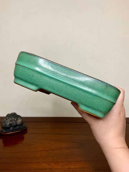 Cloth-Textured Glaze, Middle Band, Rectangular, Japanese Flower Pot by Yamafusa
