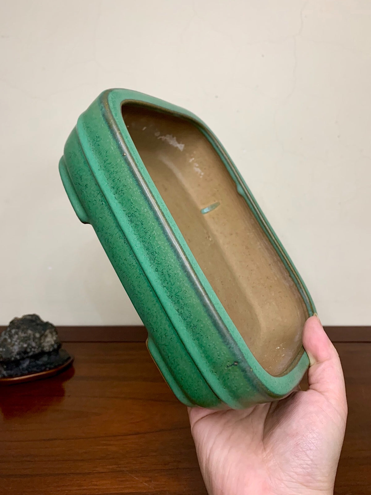 Cloth-Textured Glaze, Middle Band, Rectangular, Japanese Flower Pot by Yamafusa