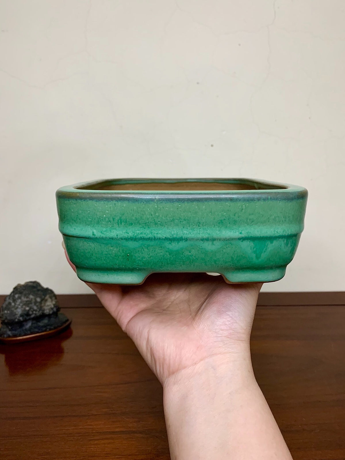 Cloth-Textured Glaze, Middle Band, Rectangular, Japanese Flower Pot by Yamafusa