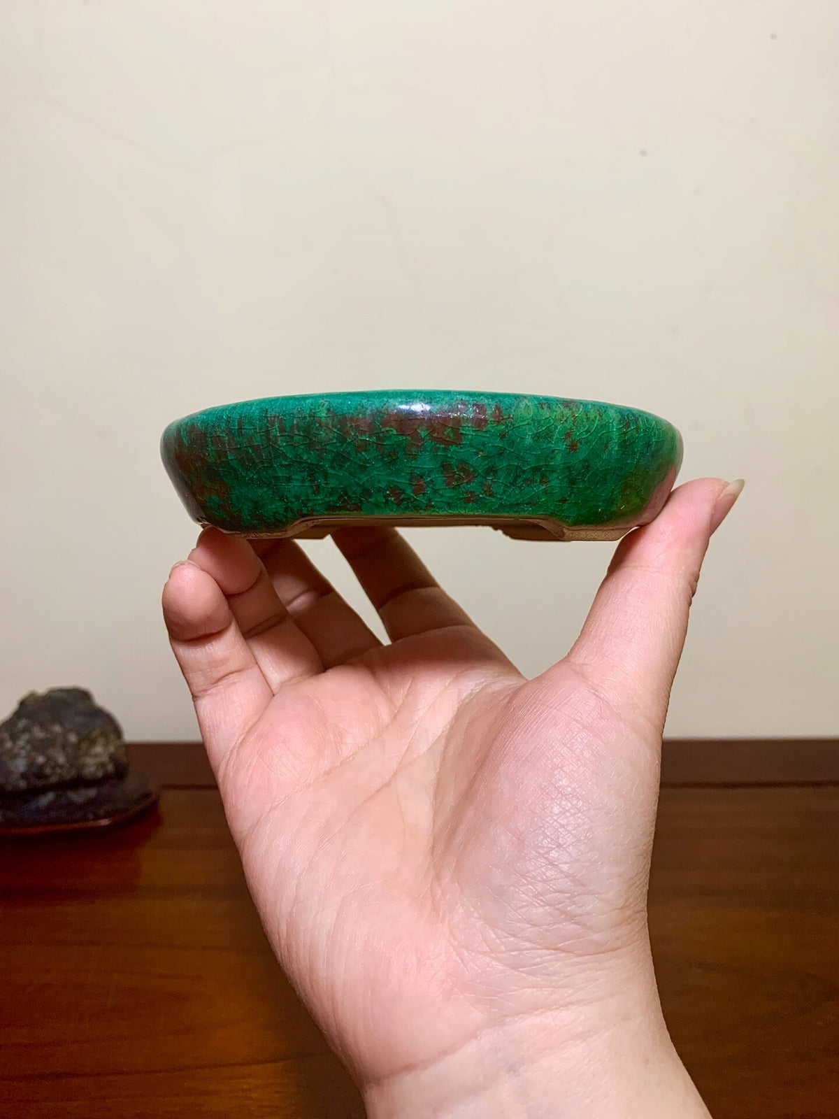 Kōkō Kōyō Green Glaze Kiln-Transmuted Oval Japanese Pot