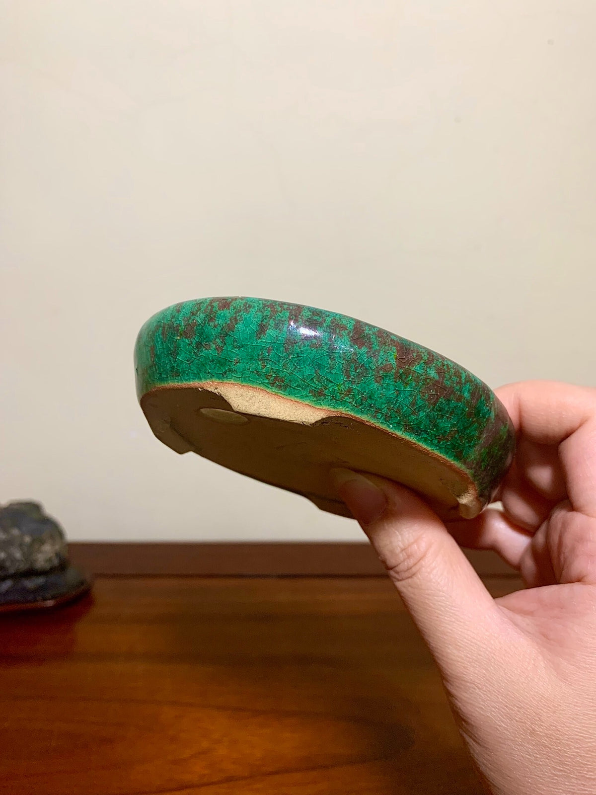 Kōkō Kōyō Green Glaze Kiln-Transmuted Oval Japanese Pot
