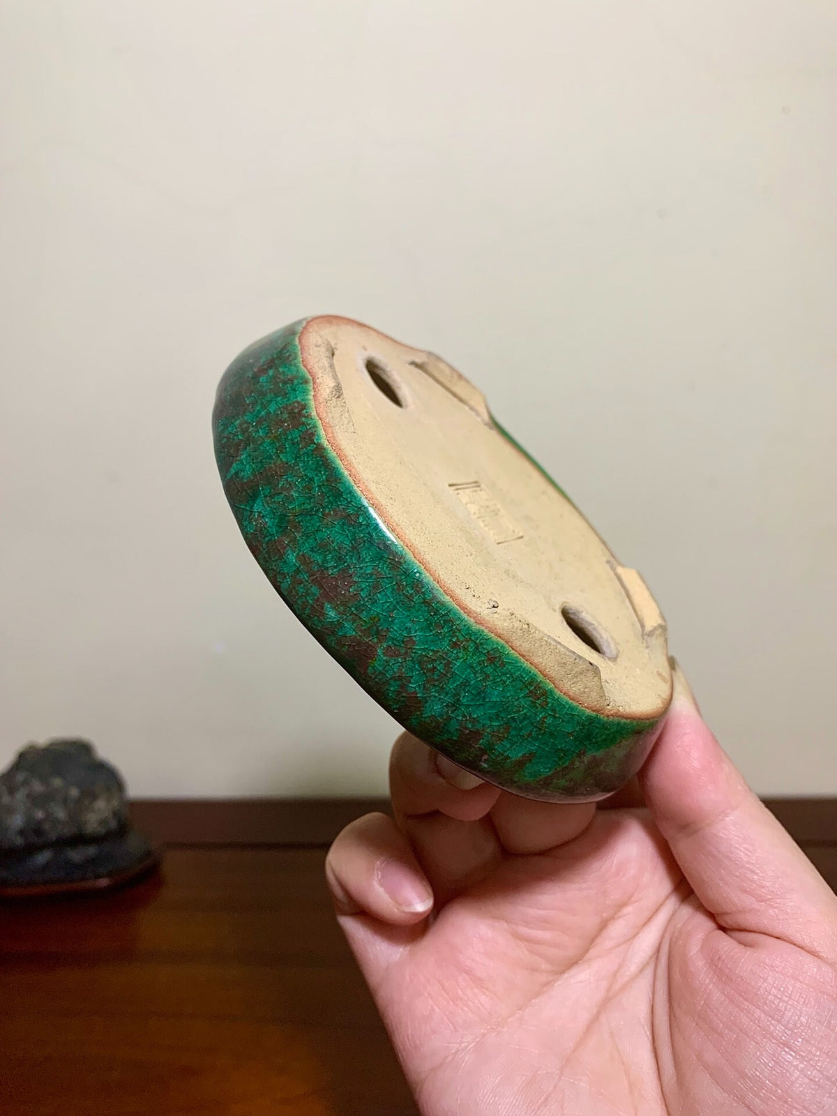 Kōkō Kōyō Green Glaze Kiln-Transmuted Oval Japanese Pot