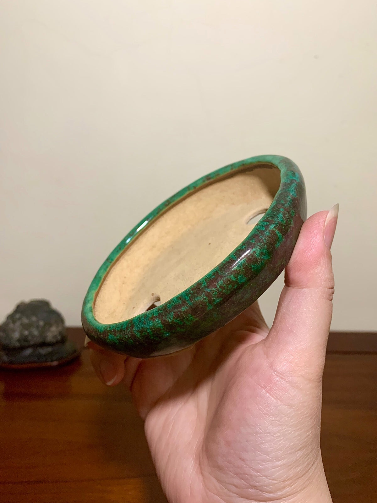 Kōkō Kōyō Green Glaze Kiln-Transmuted Oval Japanese Pot