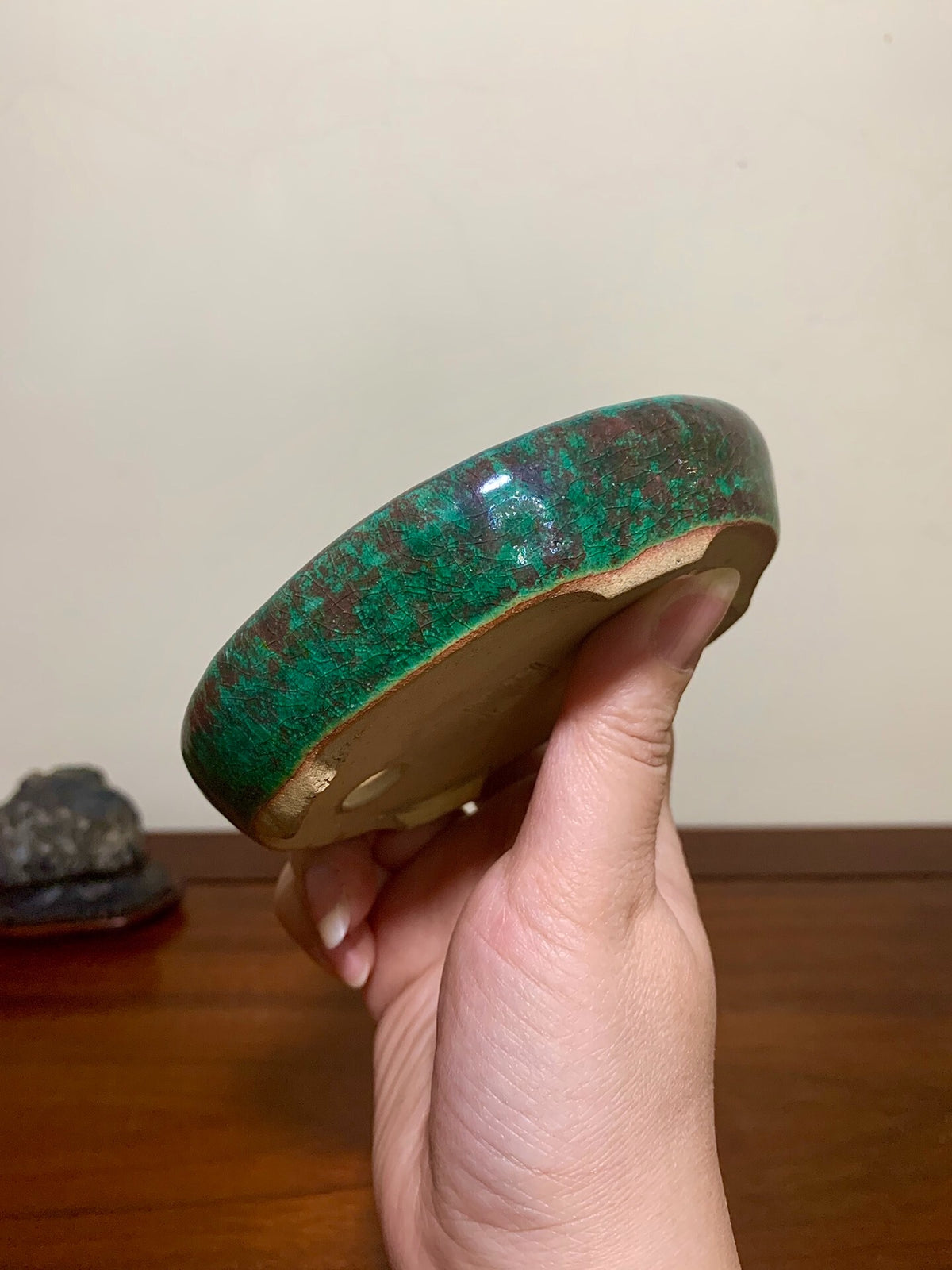 Kōkō Kōyō Green Glaze Kiln-Transmuted Oval Japanese Pot