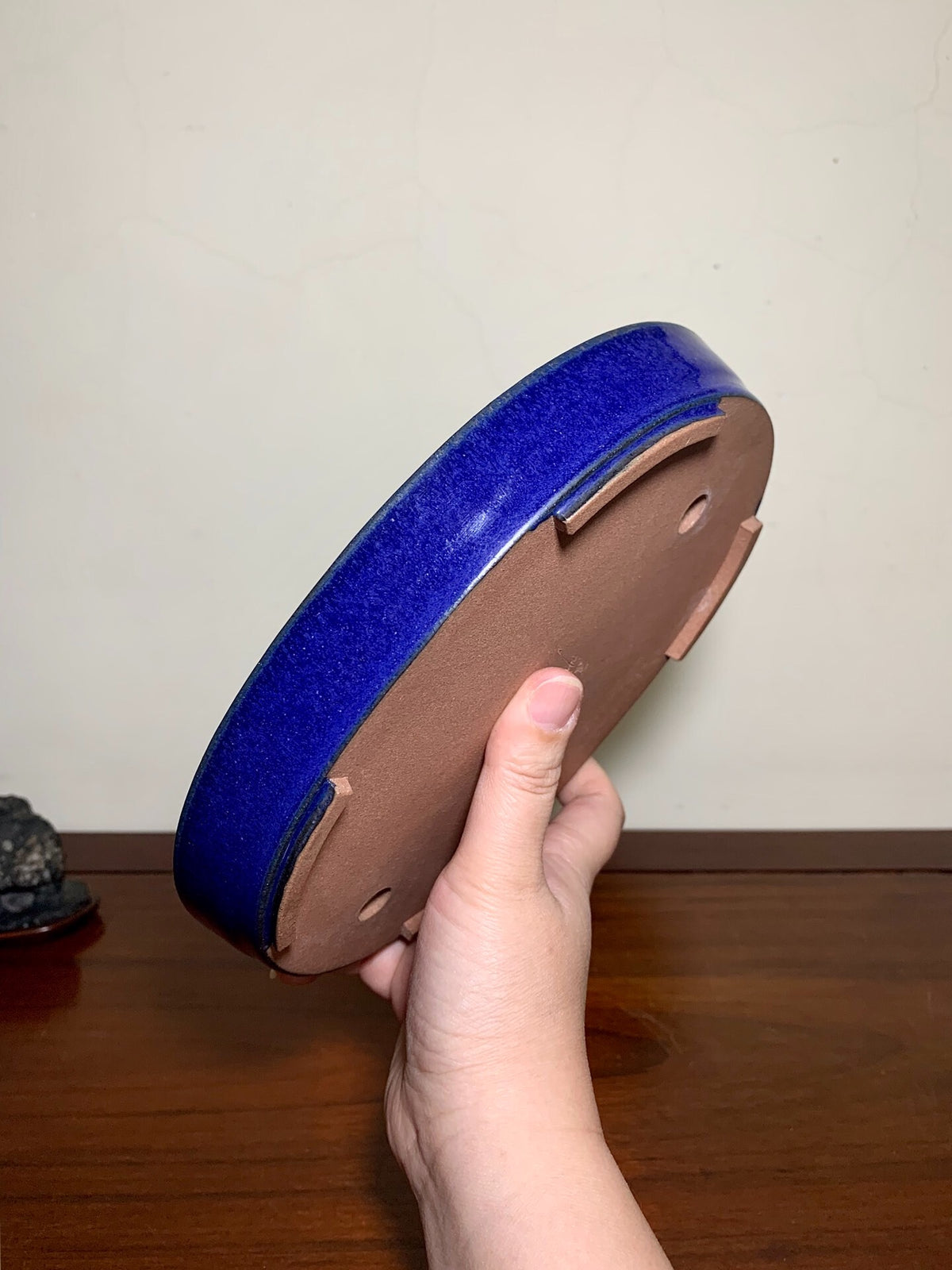 Blue Glaze Kiln-Transmuted Oval Japanese Pot by Mikata
