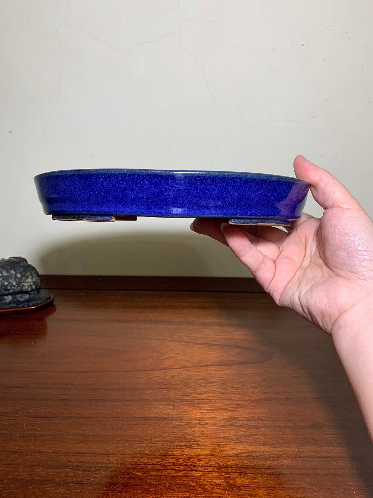 Blue Glaze Kiln-Transmuted Oval Japanese Pot by Mikata