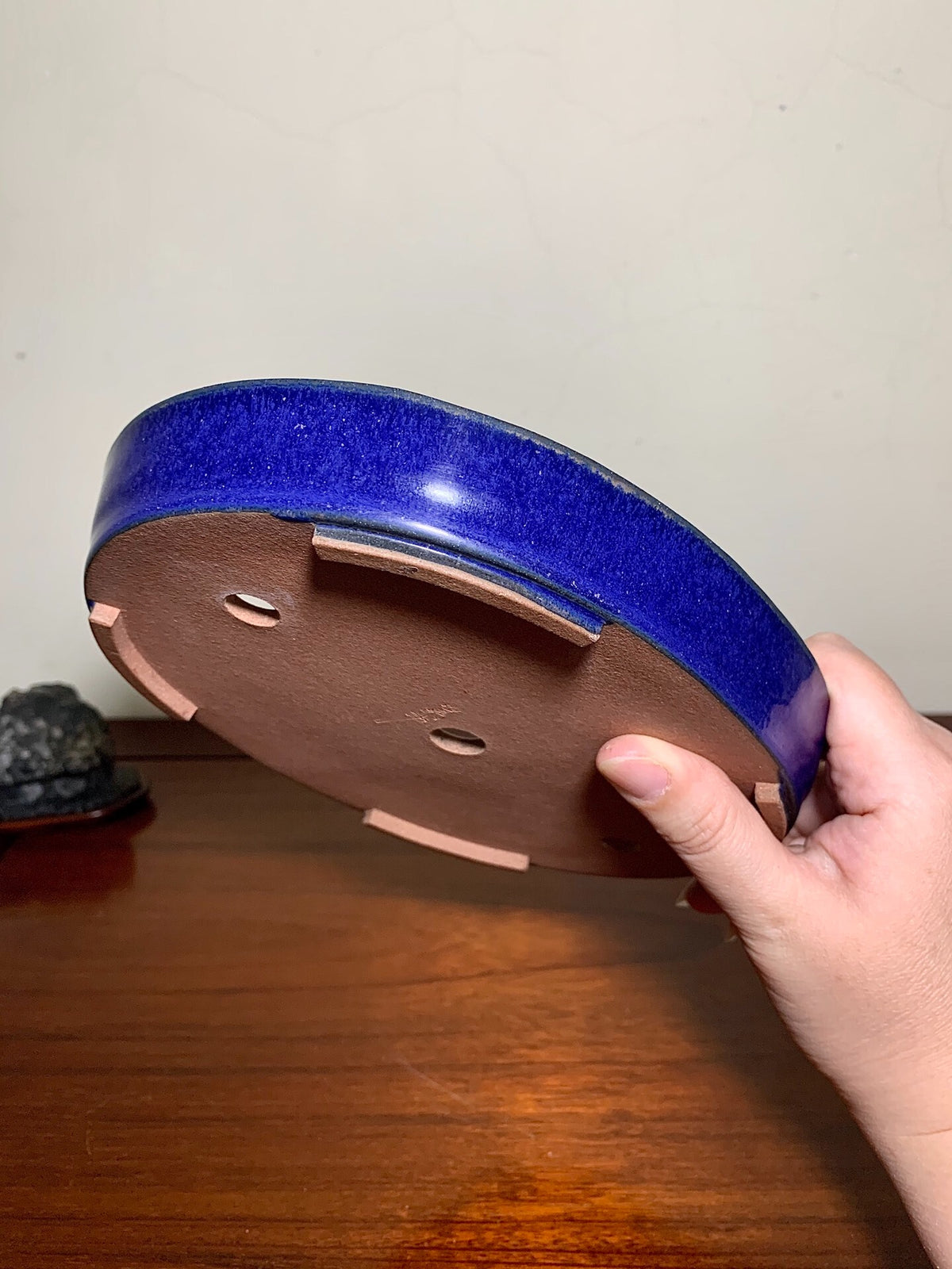 Blue Glaze Kiln-Transmuted Oval Japanese Pot by Mikata
