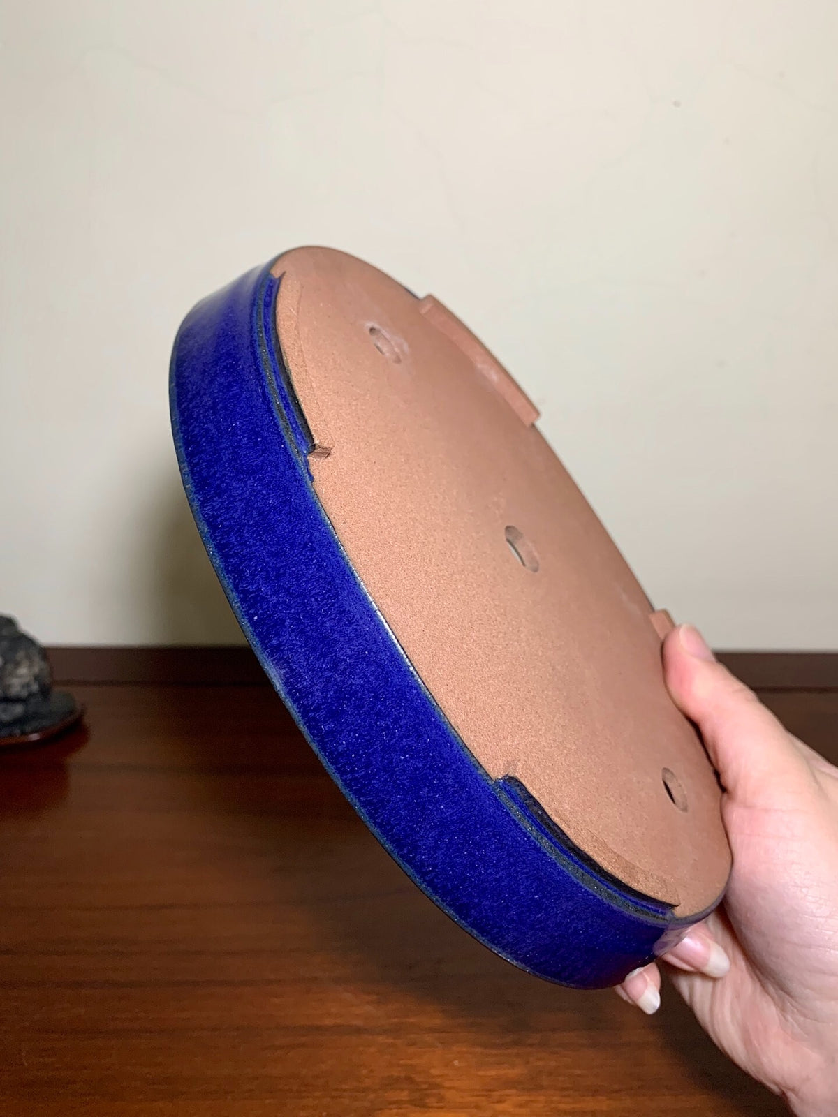 Blue Glaze Kiln-Transmuted Oval Japanese Pot by Mikata
