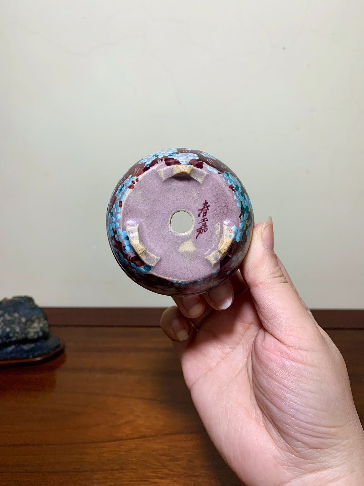 Enamelled Plum Blossom Round Pot by Shunaka