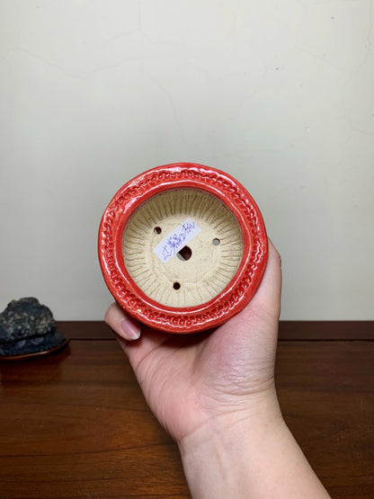 Hand-Pinched Coral Glaze Round Pot with Three Feet by Tsujihara Norimasa