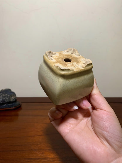 White Glaze Lower Band Small Square Japanese Pot by Shunaka