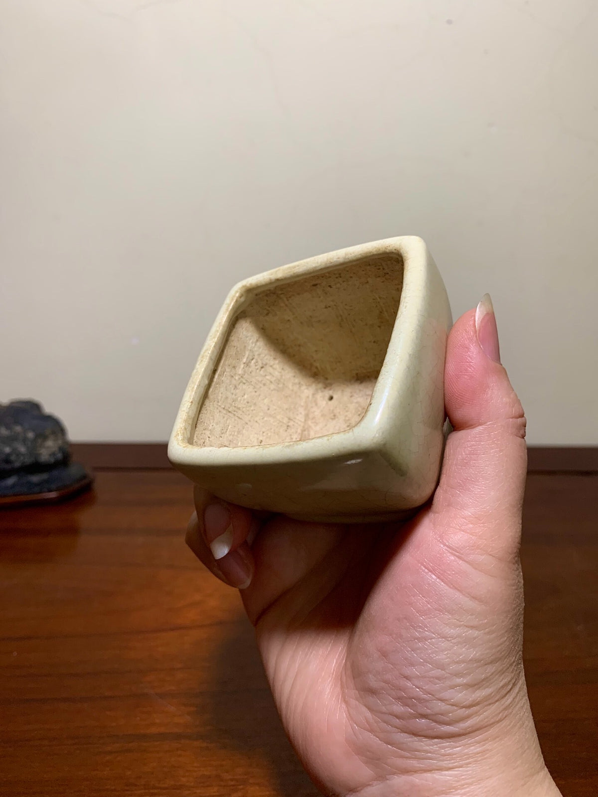White Glaze Lower Band Small Square Japanese Pot by Shunaka