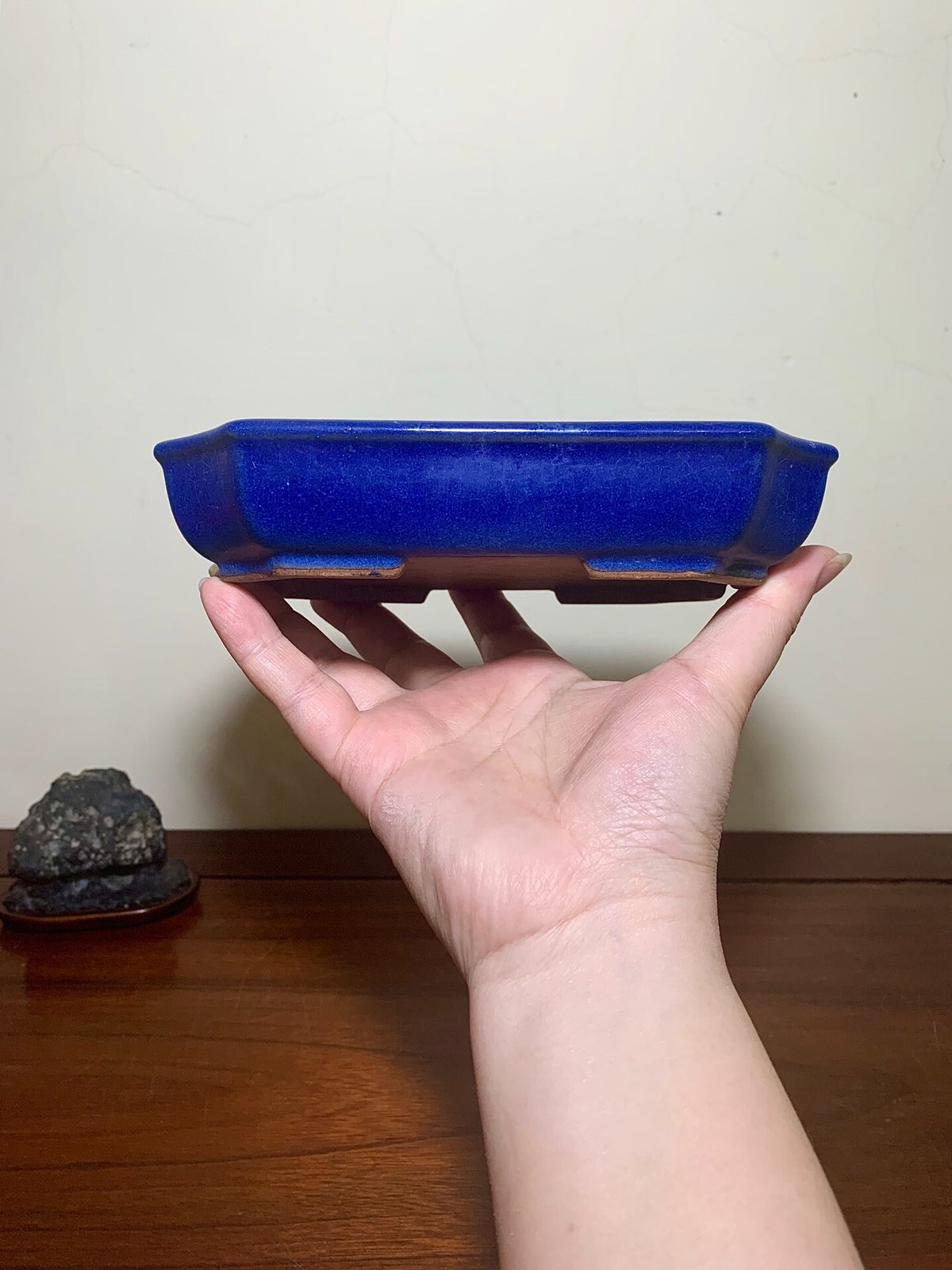 Ruri Blue Glaze, Cut-Cornered Rectangular Japanese Pot by Yōmei Kyōchi