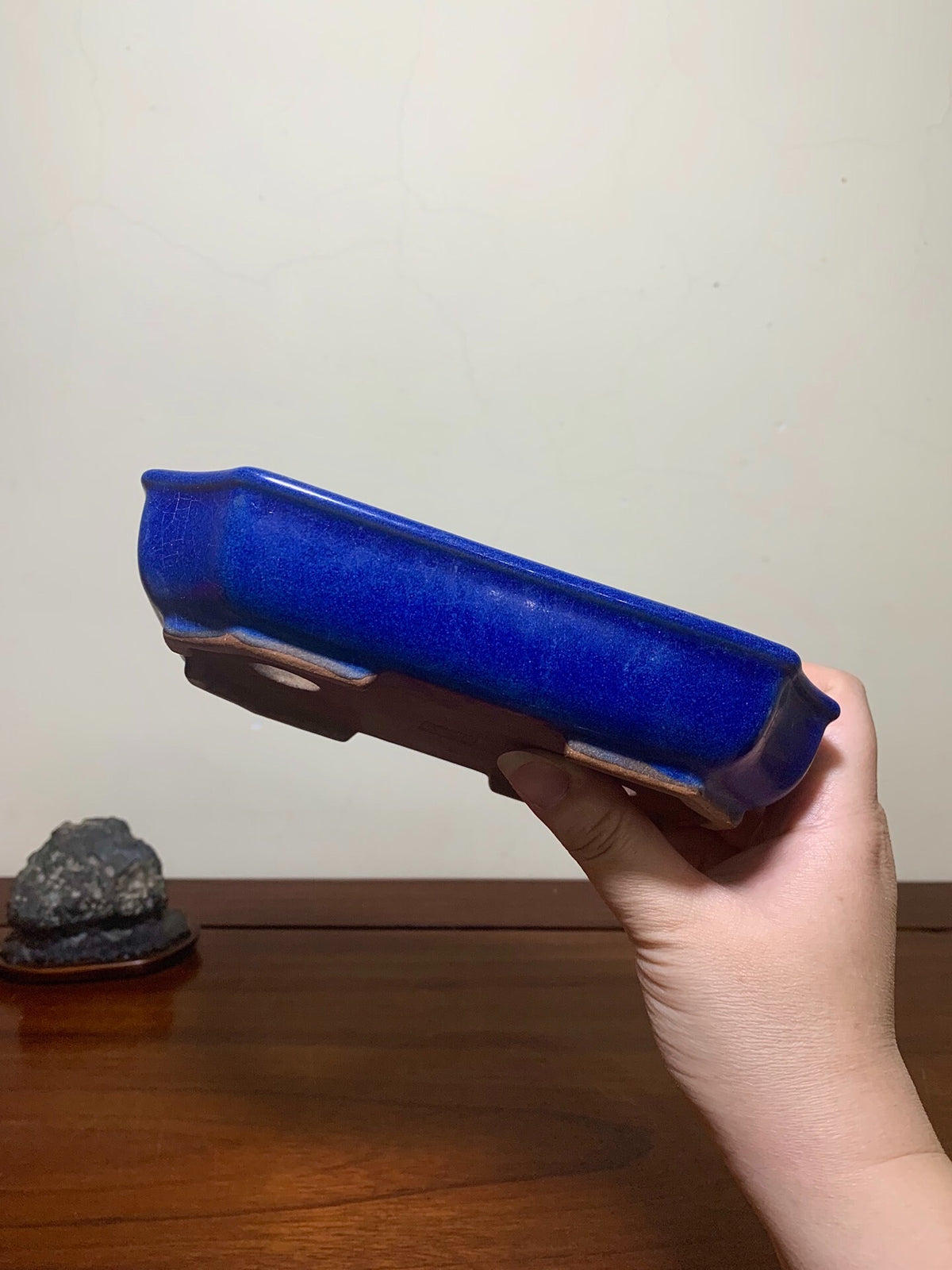 Ruri Blue Glaze, Cut-Cornered Rectangular Japanese Pot by Yōmei Kyōchi