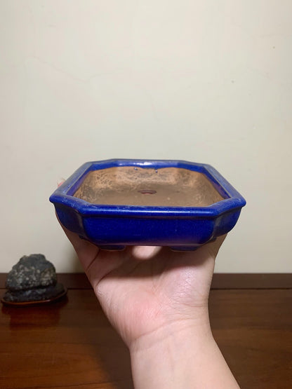 Ruri Blue Glaze, Cut-Cornered Rectangular Japanese Pot by Yōmei Kyōchi